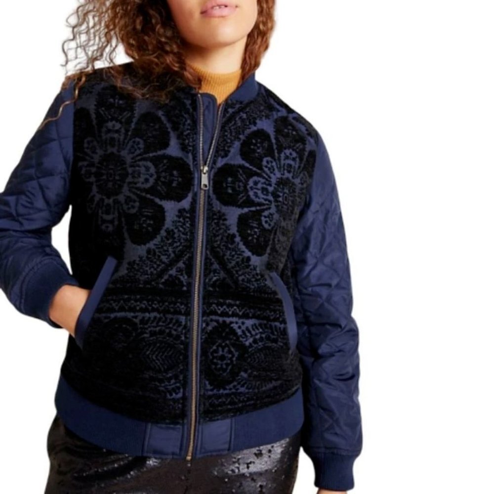 Anthropologie Women’s Clemence Floral Quilted Side Zip Blue Bomber Jacket XS